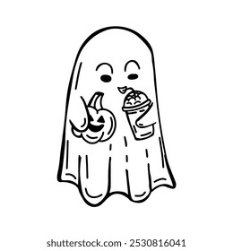 A cute hand-drawn illustration of a playful ghost holding a jack-o-lantern and a coffee drink, perfect for Halloween and autumn-themed designs