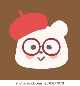 A cute, hand-drawn illustration of a polar bear wearing glasses and a beret