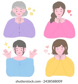 Cute hand-drawn illustration set of smiling and happy women of various ages