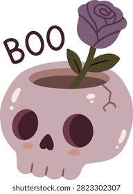 Cute hand-drawn illustration of a skull pot planter with a blooming purple rose flower and BOO text, isolated on white background.