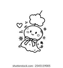 A cute, hand-drawn illustration of a smiling ghost with a cloud above its head