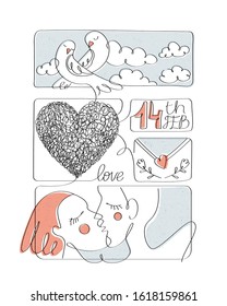 Cute hand-drawn illustration of Valentine's Day. Love card