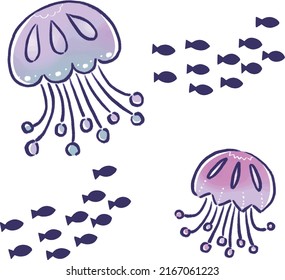 Cute hand-drawn illustrations of jellyfish and school of fish.