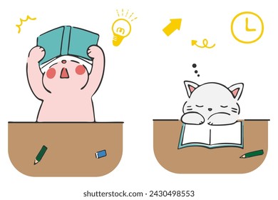 Cute hand-drawn illustrations of a rabbit lifting a book and looking up, and a cat dozing off.