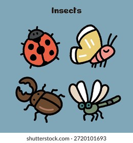 Cute hand-drawn insects illustration set featuring a ladybug, butterfly, beetle, and dragonfly. Simple shapes, thick outlines, and bright flat colors make this artwork perfect for stickers, kids illustrations, educational materials, and friendly insect character designs.