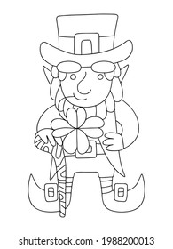 Cute hand-drawn Irish leprechaun with a four-leaf clover and shillelagh linear vector illustration. Funny Patrick Day cartoon folklore character coloring page for kids vertical printable worksheet