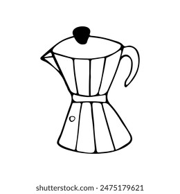 A cute hand-drawn Italian espresso machine, a moka pot icon, a coffee pot doodle in black and white, a funky coffee clipart