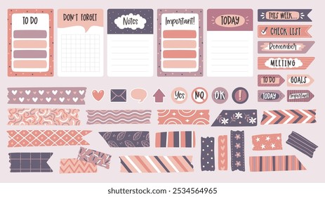 Cute hand-drawn items for planners and journals in pastel color palette. Includes reminder notes, functional tags and decorative washi-tapes. A total of 40 isolated items. Vector illustration.