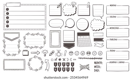 Itens bonitos desenhados à mão para planejadores e diários no estilo doodle. Inclui notas em branco, modelo mensal, ícones básicos e quadros diários. Um total de 40 itens isolados. Ilustração vetorial.