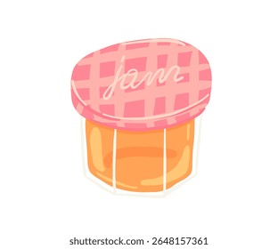Garrafa bonita desenhada à mão de geleia com uma tampa rosa. Ilustração brilhante e doce perfeita para projetos relacionados a alimentos, conceitos de café da manhã ou rótulos de produtos orgânicos
