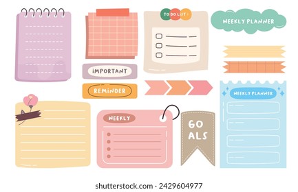 Cute Hand-Drawn Journal, Notepad, Planner Label, Paper Sheet, Sticky Note Vector Illustration