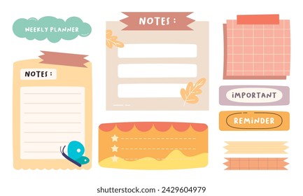 Cute Hand-Drawn Journal, Notepad, Planner Label, Paper Sheet, Sticky Note Vector Illustration