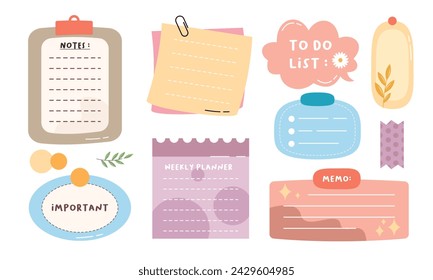 Cute Hand-Drawn Journal, Notepad, Planner Label, Paper Sheet, Sticky Note Vector Illustration