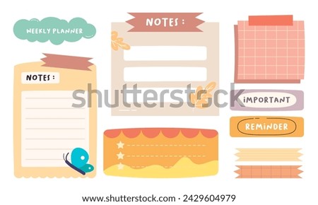 Cute Hand-Drawn Journal, Notepad, Planner Label, Paper Sheet, Sticky Note Vector Illustration