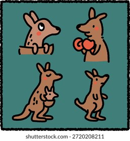 Cute hand-drawn kangaroo illustration set featuring four friendly brown kangaroos in different poses and situations. Ideal for kids design, education materials, wildlife themes, and playful animal illustrations.