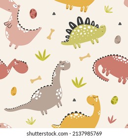 cute hand-drawn kids illustration with dinosaurs in scandinavian style, print, poster. Reptiles, dinosaurs, tyrannosaurs.