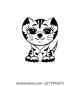 Cute hand-drawn kitty character, a sweet kitten icon in black and white, a cartoon of little cat with stripes 
