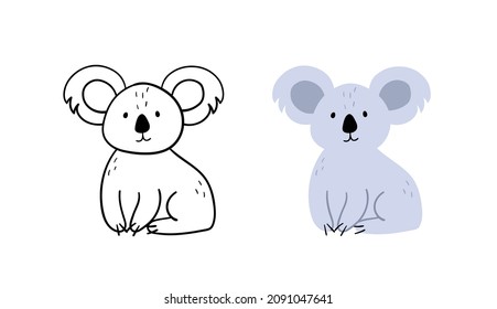Cute hand-drawn koala character. Vector Bear Illustration. Contour and color version.