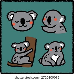 Bonito conjunto de ilustração koala desenhado à mão apresentando quatro poses simples em um estilo de desenho animado de contorno grosso. Os coalas são marsupiais arbóreos nativos da Austrália, estreitamente associados às florestas de eucalipto. Ideal para projetos de educação para a vida selvagem, biologia, zoologia e temáticos da natureza.