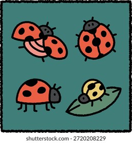 Um bonito conjunto de ilustrações de joaninhas desenhadas à mão com quatro joaninhas amigáveis em poses e vistas diferentes. Ideal para design infantil, materiais educacionais, temas da natureza e visuais de primavera.