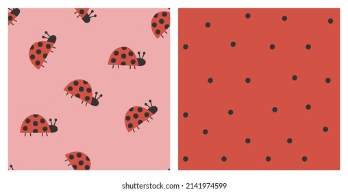 Cute Handdrawn Ladybug Seamless Pattern. Hand drawn Polka Dots Pattern. Nursery Seamless Pattern.