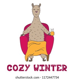 Cute hand-drawn lama in the armchair with a cup of cacao. Cozy winter.