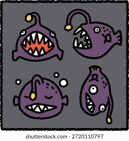 Bonito conjunto de ilustração lanternfish desenhado à mão apresentando peixes do mar profundo estilizados com iscas brilhantes e dentes afiados. Contornos grossos e estilo de desenho animado o tornam perfeito para a educação oceânica, temas de biologia marinha, ilustrações da vida selvagem do mar profundo e designs de adesivos.