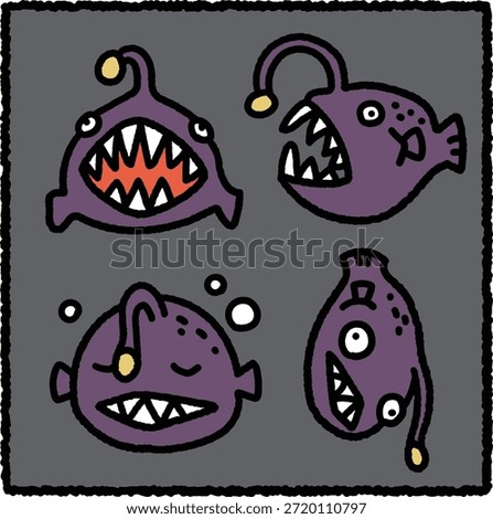 Cute hand-drawn lanternfish illustration set featuring stylized deep-sea fish with glowing lures and sharp teeth. Thick outlines and cartoon style make it perfect for ocean education, marine biology themes, deep sea wildlife illustrations, and sticker designs.