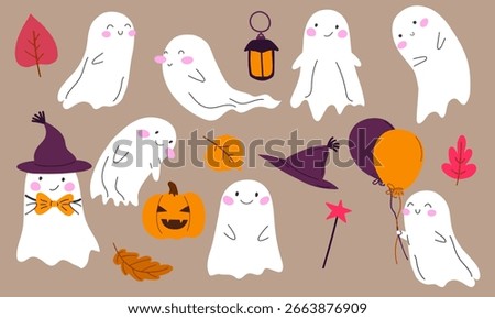 Cute hand-drawn large set of Halloween ghosts with hats, balloons, pumpkins, and autumn leaves. Fun and colorful holiday design for kids and seasonal decorations.