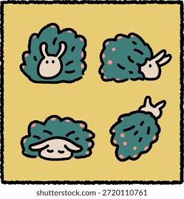 Bonito conjunto de ilustração de ovelha folha desenhada à mão com Costasiella kuroshimae com corpos folhosos e rostos de coelho adoráveis. Estilo de desenho animado simples com contornos grossos, perfeito para adesivos, ilustração infantil, educação da vida marinha e design de personagens.