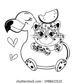 Cute hand-drawn leopard on an inflatable flamingo in one line. Coloring book for children. Vector illustration