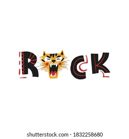 Cute hand-drawn lettering text Rock with roaring tiger muzzle. Vector isolated illustration for t-shirt print and other design.