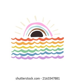 Cute hand-drawn line art sunrise and a sea waves in LGBTQ flag color pallet. Pride Month celebration vector illustration.