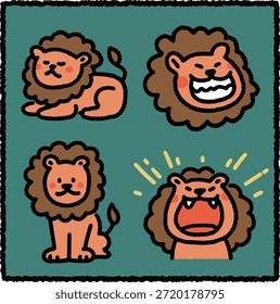 Lindo conjunto de pegatinas de león dibujado a mano con cuatro leones expresivos con poses como acostado, sonriendo, sentado y rugiendo, sobre un fondo verde.