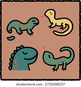Cute hand-drawn lizard illustration set featuring four friendly cartoon lizards in different poses and expressions. Ideal for kids design, education materials, nature themes, and playful animal visuals.