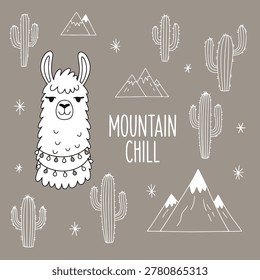 Cute hand-drawn llama illustration with cacti and mountains on a neutral background featuring the text Mountain Chill. Perfect for nursery decor, apparel design, and greeting cards.