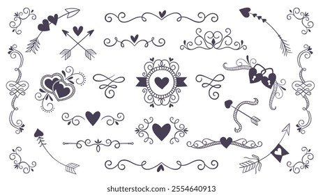 Cute hand-drawn lovely text dividers and corners, perfect for decorating Valentine Day gift cards and wedding invitation. A total of 20 isolated items. Vector illustration.