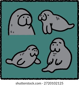 Lindo conjunto de ilustración de manatí dibujado a mano con cuatro poses suaves en un estilo de dibujos animados de contorno grueso. Los manatíes, también conocidos como vacas marinas, son mamíferos marinos de movimiento lento que se encuentran en aguas costeras cálidas y ríos. Ideal para la educación de la vida marina, materiales de conservación de la vida silvestre y diseños temáticos de la naturaleza.