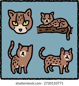 Cute hand-drawn margay illustration set featuring four simple poses in a thick-outline cartoon style. Margays are small wild cats native to the tropical forests of Central and South America, famous for their long tails and arboreal abilities. Ideal for wildlife education, zoology, and rainforest-themed designs.