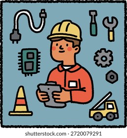 Ilustração de engenheiro mecânico bonito desenhado à mão com capacete, prancheta, plugue, microchip, chave inglesa e ícones de engrenagem em um fundo azul. Engenharia, indústria e profissão tema.