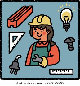 Ilustração de engenheiro mecânico bonito desenhado à mão com capacete, chave inglesa, régua, parafuso, feixe de aço, plugue e ícones de lâmpada em um fundo azul. Tema de engenharia e profissão.