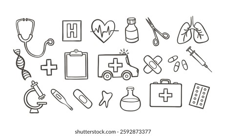 Cute hand-drawn Medicine Doodle Icons, perfect for blogs, social media, prints and crafting projects. A total of 20 icon designs. Vector illustration.