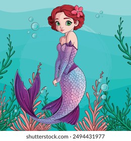 Cute HandDrawn Mermaid: Red Hair and Blue-Purple Sparkly Tail Underwater