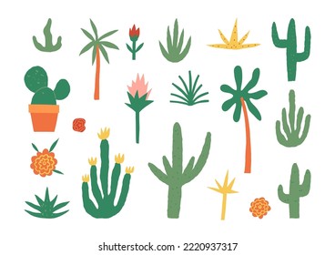 Cute hand-drawn Mexico or south plants set. Various cactuses, wild and pot plants, palm trees, marigold flowers, and abstract stems. Vector isolated clipart collection.