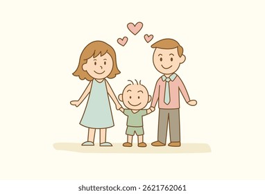 Cute hand-drawn minimal illustration of a smiling mother, father, and child holding hands with heart symbols above. Ideal for family love, parenting, and holiday themes.
