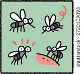 Cute hand-drawn mosquito illustration set with four humorous poses and expressions in a simple thick-outline cartoon style. Inspired by the Asian tiger mosquito (Aedes albopictus) commonly found in Taiwan and subtropical East Asia. Ideal for education, insect science, mosquito prevention, public health awareness, and nature-themed designs.