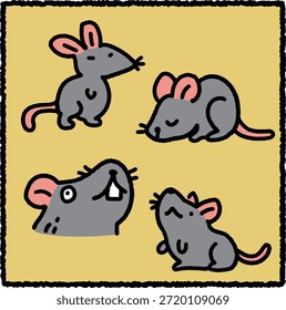 Linda ilustración de ratón dibujado a mano con ratones Pequeños y amigables en poses de dibujos animados tranquilos. Esta adorable obra de arte de animales es perfecta para el diseño de niños, materiales educativos, libros de cuentos e ilustraciones de animales acogedores.