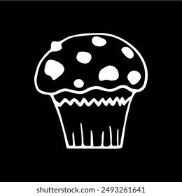 Un lindo muffin dibujado a mano, un ícono de magdalena en blanco y negro, un garabato pastelero