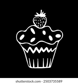 A cute hand-drawn muffin, a black and white pastry icon, a cake doodle