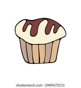 A cute hand-drawn muffin, a cake icon in color, a pastry doodle  